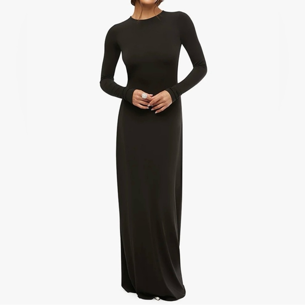 Open Back Black Long Sleeve Midi Dress